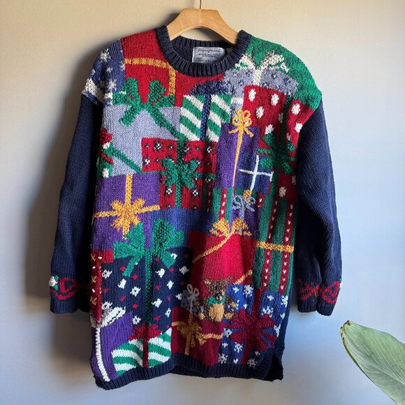 Vintage Northern Isles Signature Hand Knit Holiday Present Motif Tunic Sweater L - Picture 1 of 8